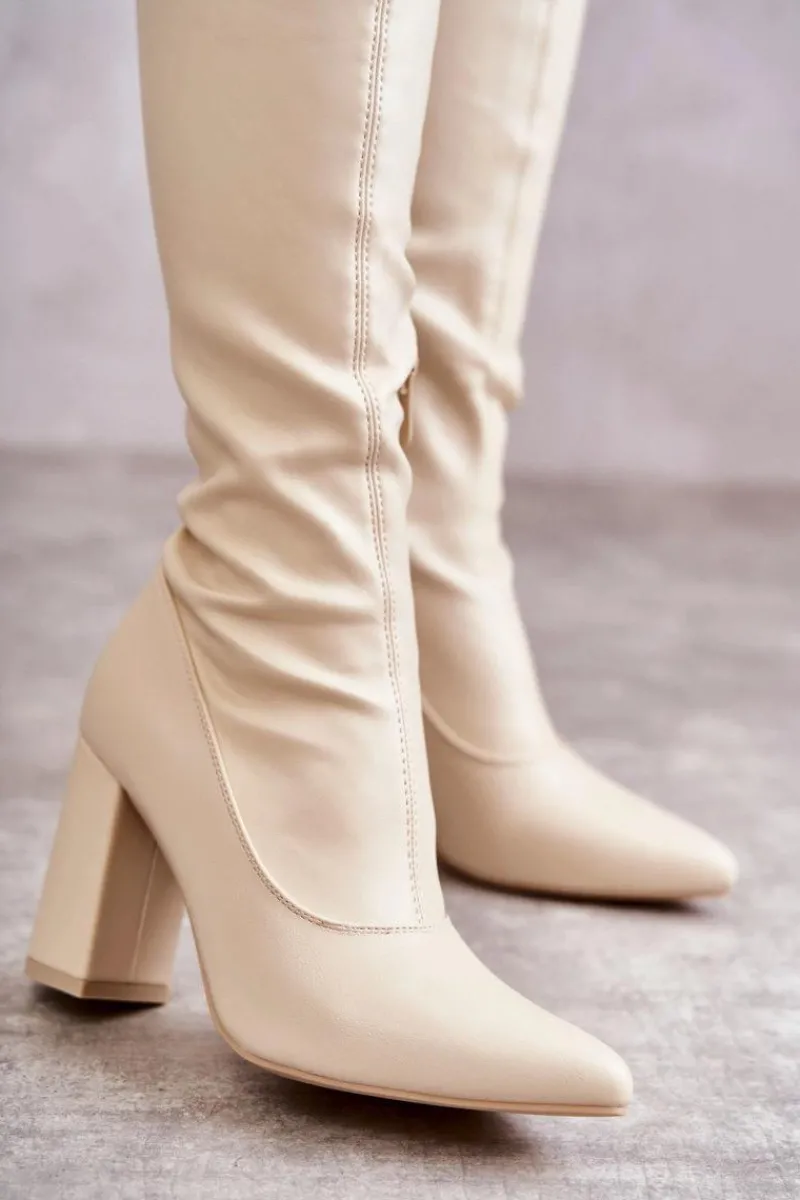 New Skórzane Wysokie Kozaki Na Obcasie Beżowe Casto Damskie Kozaki Wiosenne|Kozaki Za Kolano