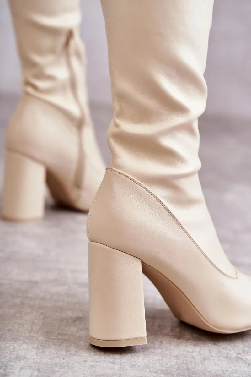 New Skórzane Wysokie Kozaki Na Obcasie Beżowe Casto Damskie Kozaki Wiosenne|Kozaki Za Kolano