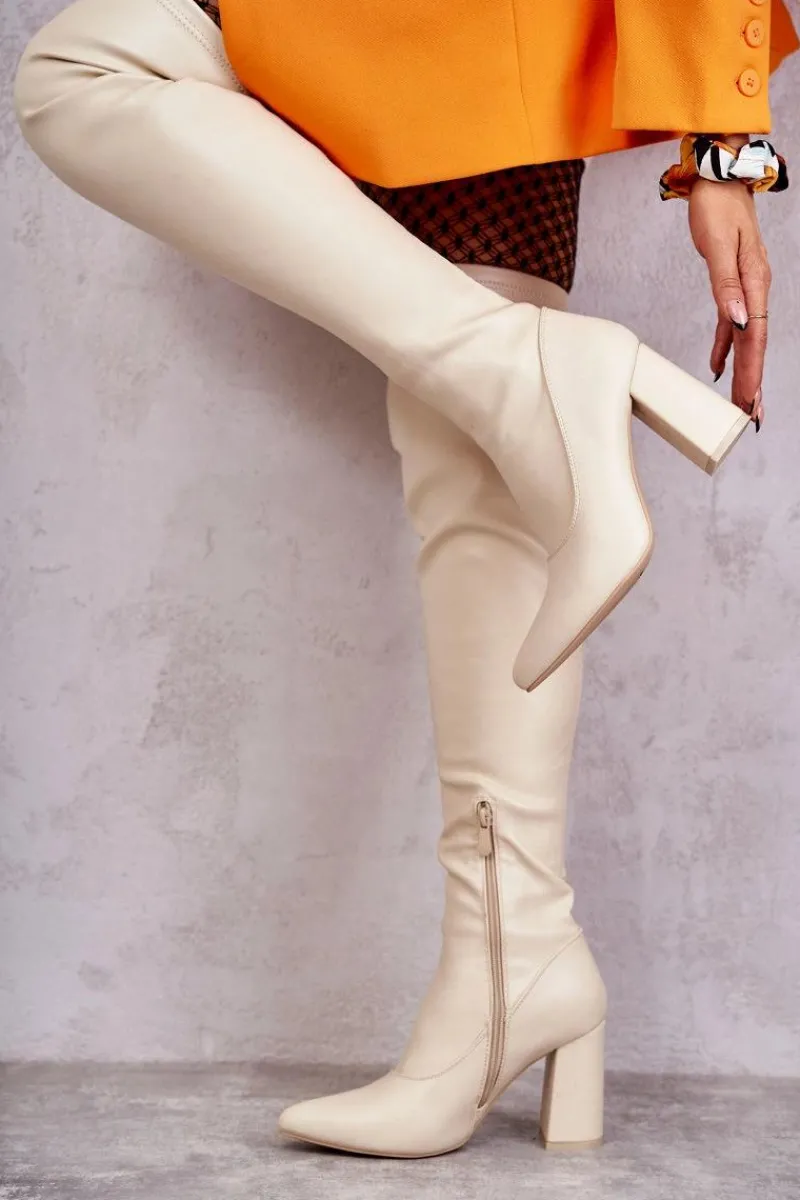 New Skórzane Wysokie Kozaki Na Obcasie Beżowe Casto Damskie Kozaki Wiosenne|Kozaki Za Kolano