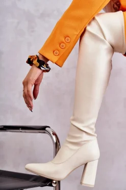 New Skórzane Wysokie Kozaki Na Obcasie Beżowe Casto Damskie Kozaki Wiosenne|Kozaki Za Kolano