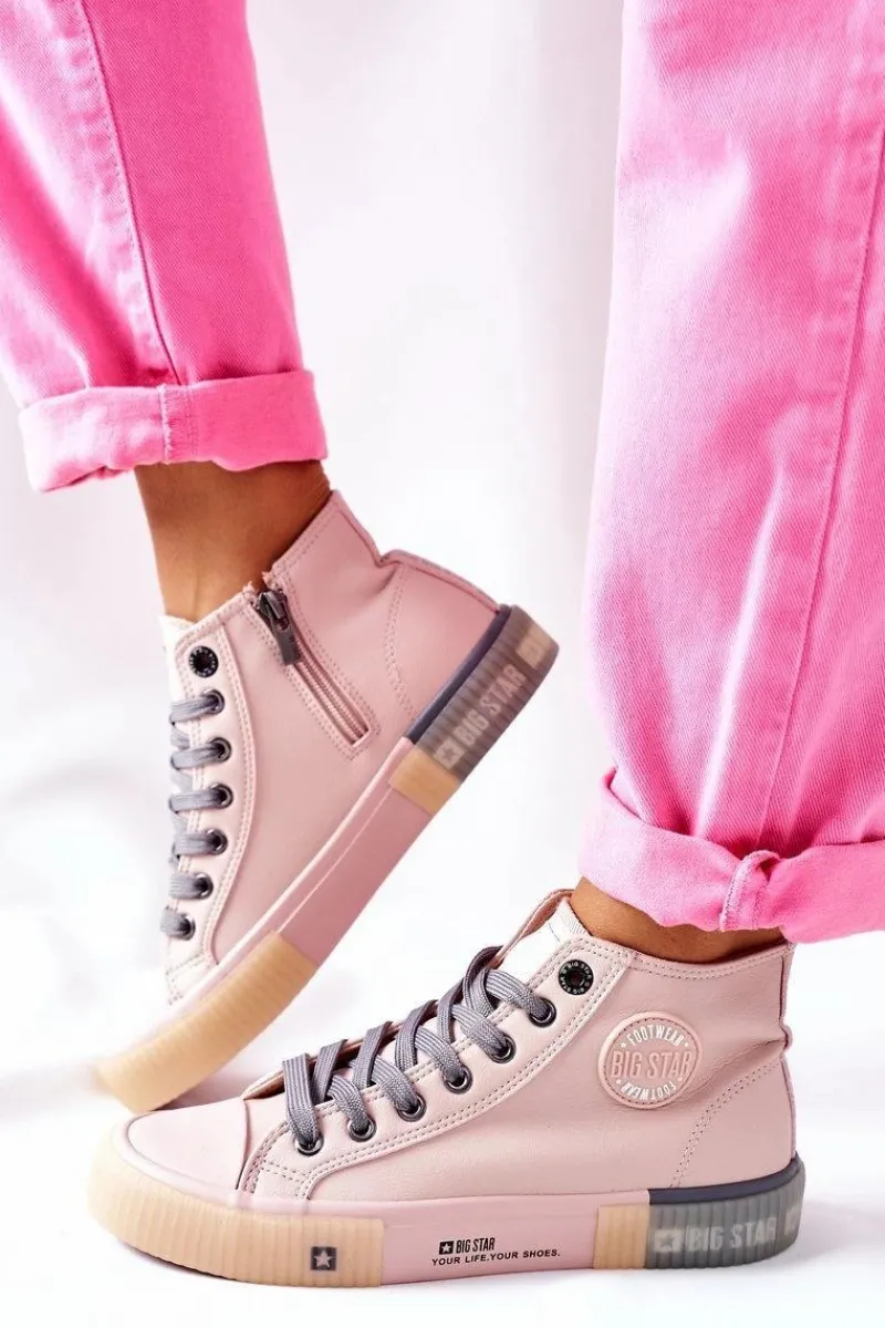 Trampki Damskie Big Star|Trampki Damskie Wysokie>Big Star Shoes Skórzane Wysokie Trampki Big Star II274138 Różowe