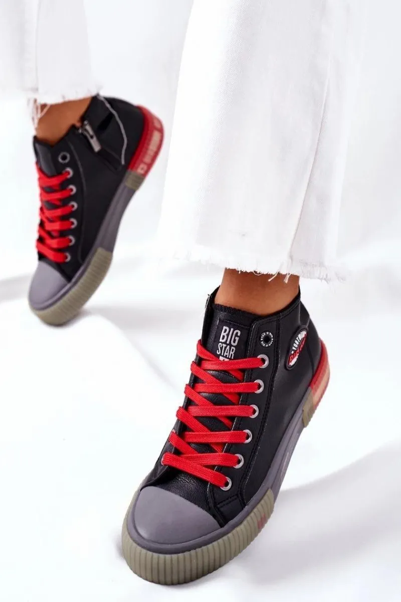 Trampki Damskie Big Star|Trampki Damskie Wysokie>Big Star Shoes Skórzane Wysokie Trampki Big Star II274139 Czarne