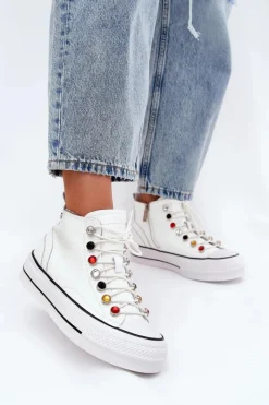 Trampki Damskie Wysokie>GOE Skórzane Wysokie Trampki Damskie RR2N4102 Białe Biały