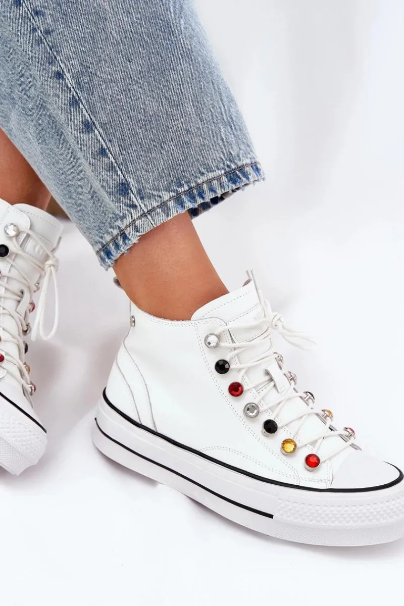 Trampki Damskie Wysokie>GOE Skórzane Wysokie Trampki Damskie RR2N4102 Białe Biały