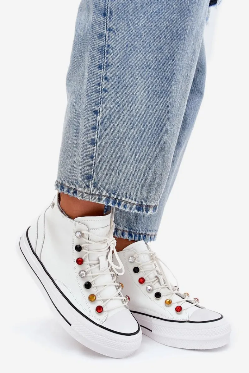 Trampki Damskie Wysokie>GOE Skórzane Wysokie Trampki Damskie RR2N4102 Białe Biały