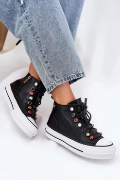 Best Skórzane Wysokie Trampki Damskie RR2N4101 Czarne Damskie Trampki Damskie Wysokie