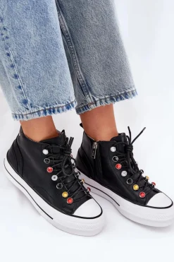 Best Skórzane Wysokie Trampki Damskie RR2N4101 Czarne Damskie Trampki Damskie Wysokie