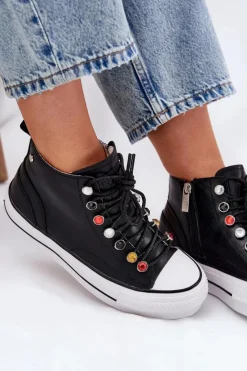 Best Skórzane Wysokie Trampki Damskie RR2N4101 Czarne Damskie Trampki Damskie Wysokie