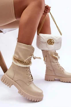New Skórzane Wysokie Workery Z Łańcuszkiem Beżowe Nameer Damskie Botki Wiosenne|Botki Sznurowane