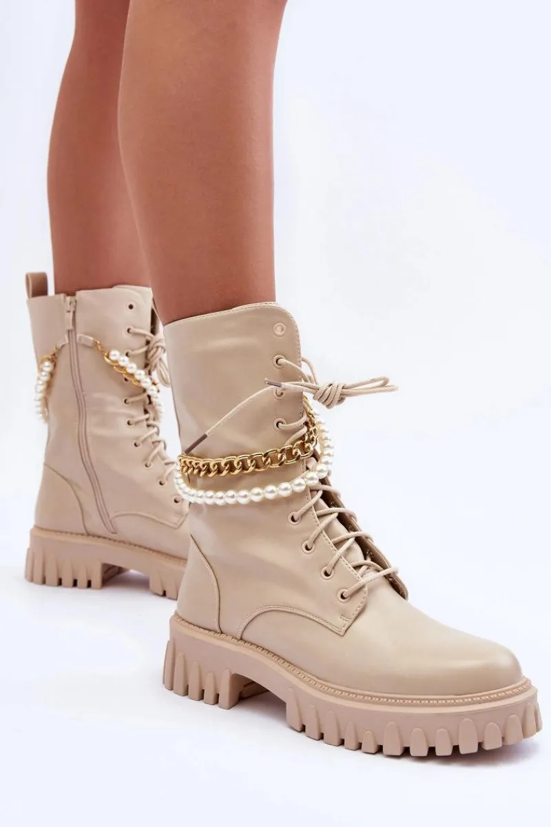 New Skórzane Wysokie Workery Z Łańcuszkiem Beżowe Nameer Damskie Botki Wiosenne|Botki Sznurowane