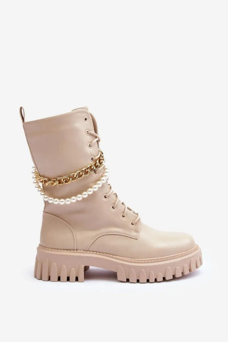 New Skórzane Wysokie Workery Z Łańcuszkiem Beżowe Nameer Damskie Botki Wiosenne|Botki Sznurowane
