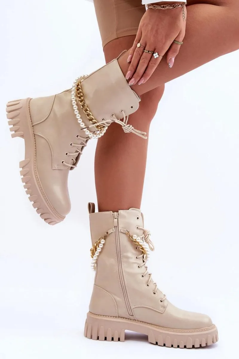 New Skórzane Wysokie Workery Z Łańcuszkiem Beżowe Nameer Damskie Botki Wiosenne|Botki Sznurowane