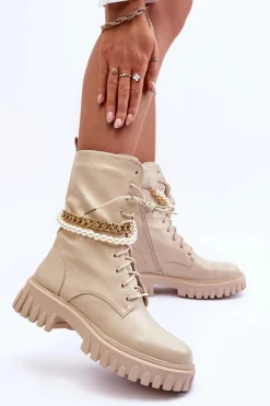 New Skórzane Wysokie Workery Z Łańcuszkiem Beżowe Nameer Damskie Botki Wiosenne|Botki Sznurowane