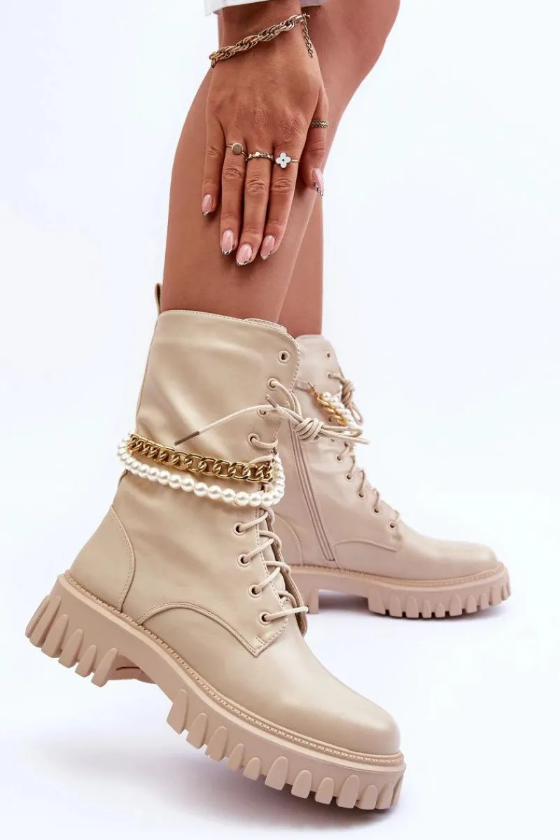 New Skórzane Wysokie Workery Z Łańcuszkiem Beżowe Nameer Damskie Botki Wiosenne|Botki Sznurowane