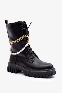Online Boto Skórzane Wysokie Workery Z Łańcuszkiem Czarne Nameer