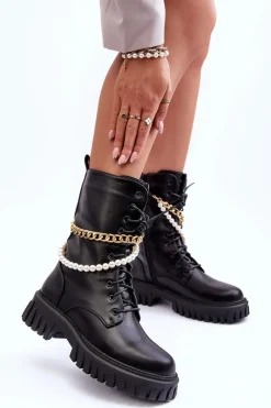 Online Boto Skórzane Wysokie Workery Z Łańcuszkiem Czarne Nameer