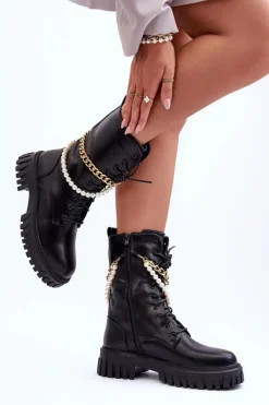 Online Boto Skórzane Wysokie Workery Z Łańcuszkiem Czarne Nameer