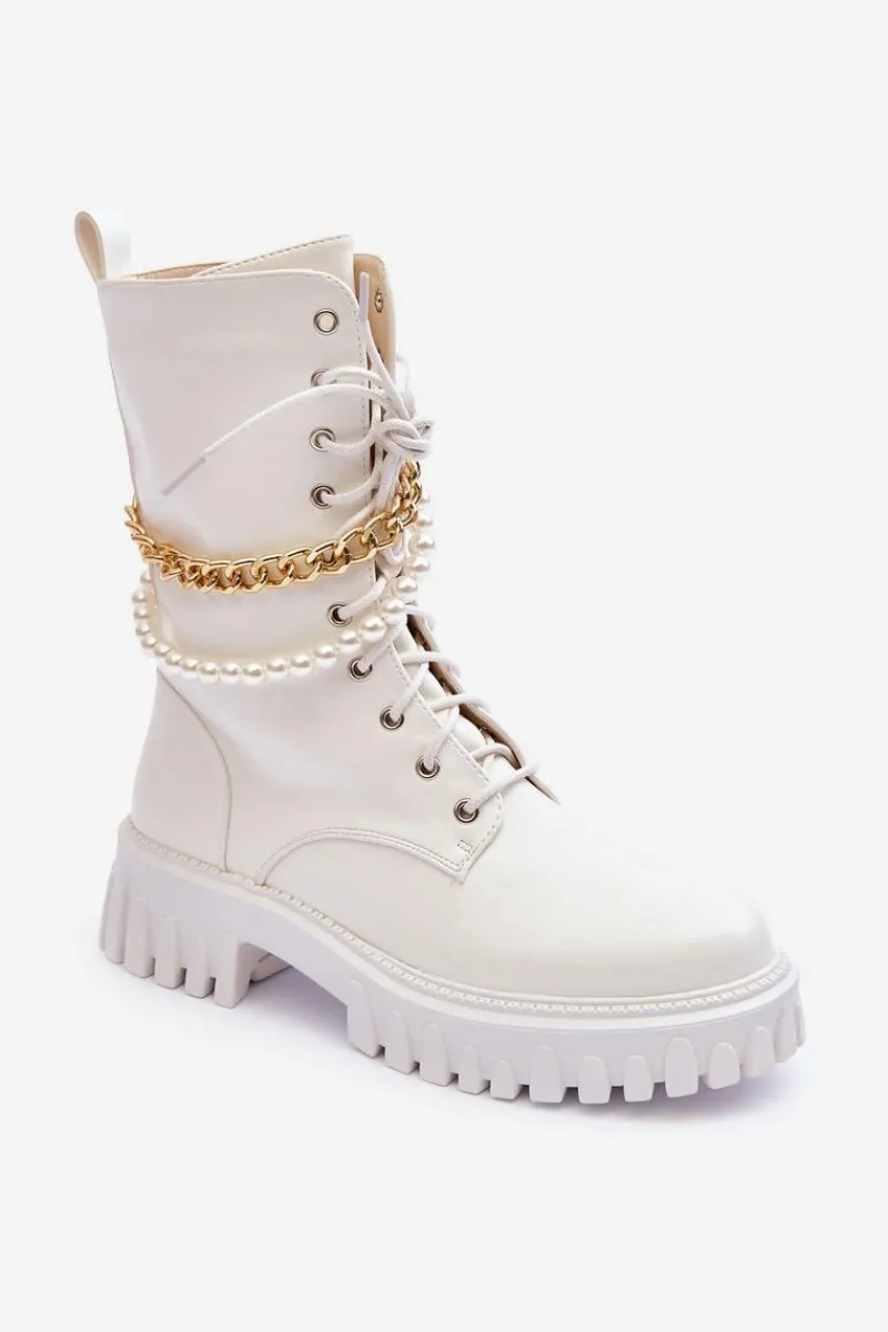 Botki Wiosenne|Botki Sznurowane>Boto Skórzane Wysokie Workery Z Łańcuszkiem Białe Nameer