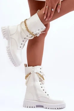 Botki Wiosenne|Botki Sznurowane>Boto Skórzane Wysokie Workery Z Łańcuszkiem Białe Nameer