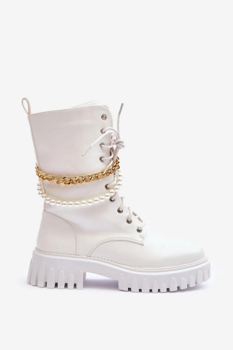 Botki Wiosenne|Botki Sznurowane>Boto Skórzane Wysokie Workery Z Łańcuszkiem Białe Nameer