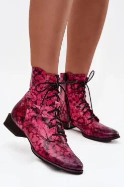Discount Maciejka Skórzane Wzorzyste Botki Na Płaskim Obcasie 06391-23 Różowe
