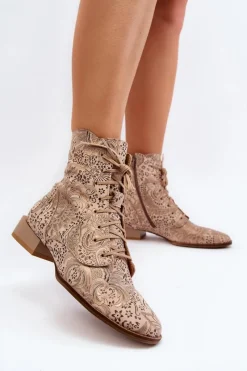 Best Maciejka Skórzane Wzorzyste Botki Na Płaskim Obcasie 06391-04 Beżowe