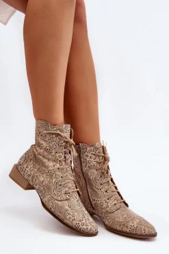 Best Maciejka Skórzane Wzorzyste Botki Na Płaskim Obcasie 06391-04 Beżowe