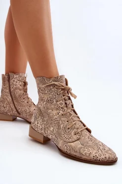 Best Maciejka Skórzane Wzorzyste Botki Na Płaskim Obcasie 06391-04 Beżowe