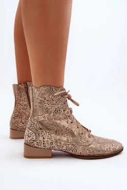 Best Maciejka Skórzane Wzorzyste Botki Na Płaskim Obcasie 06391-04 Beżowe