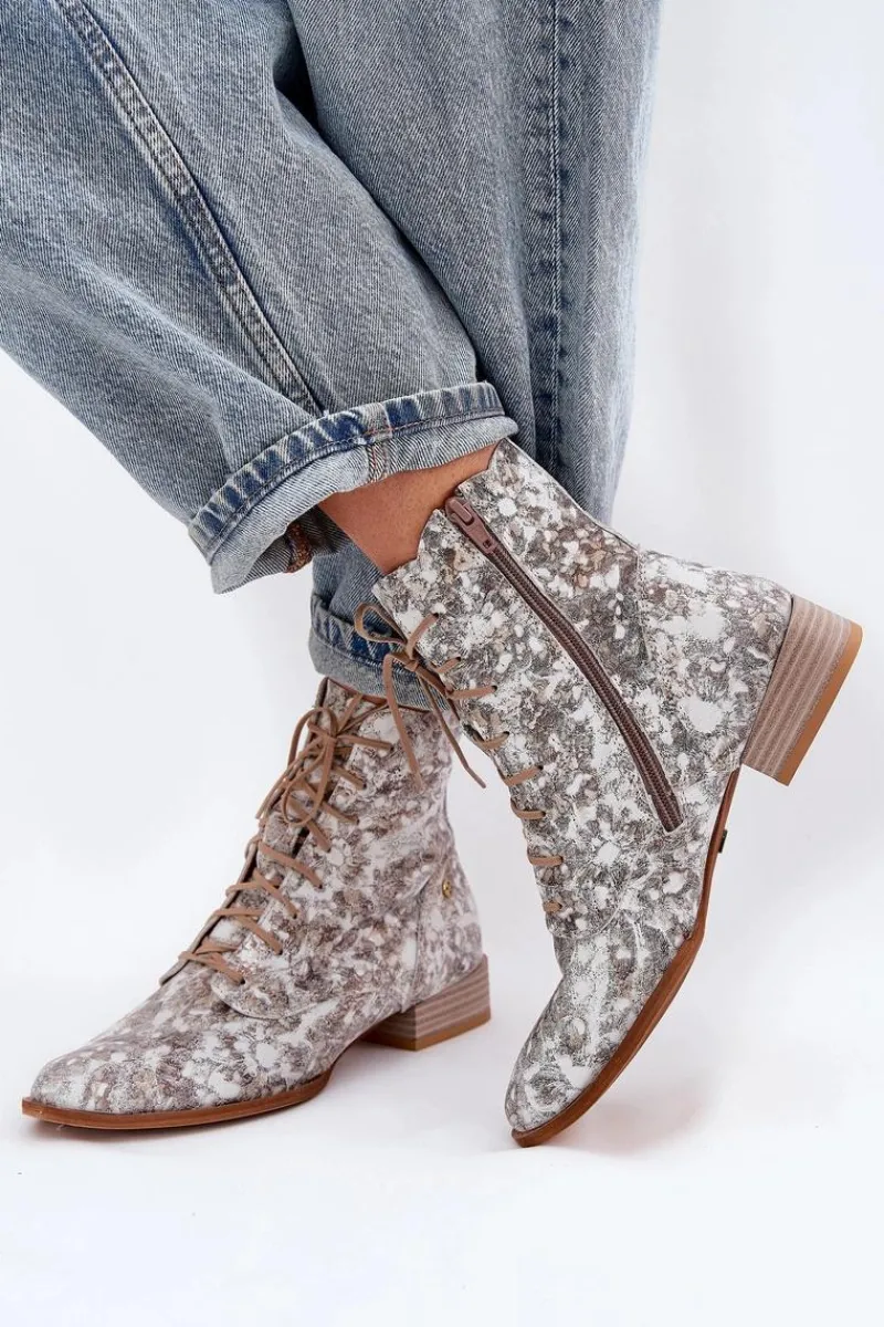 Botki Maciejka|Botki Skórzane>Maciejka Skórzane Wzorzyste Botki Na Płaskim Obcasie 06391-25 Beżowe Beżowy