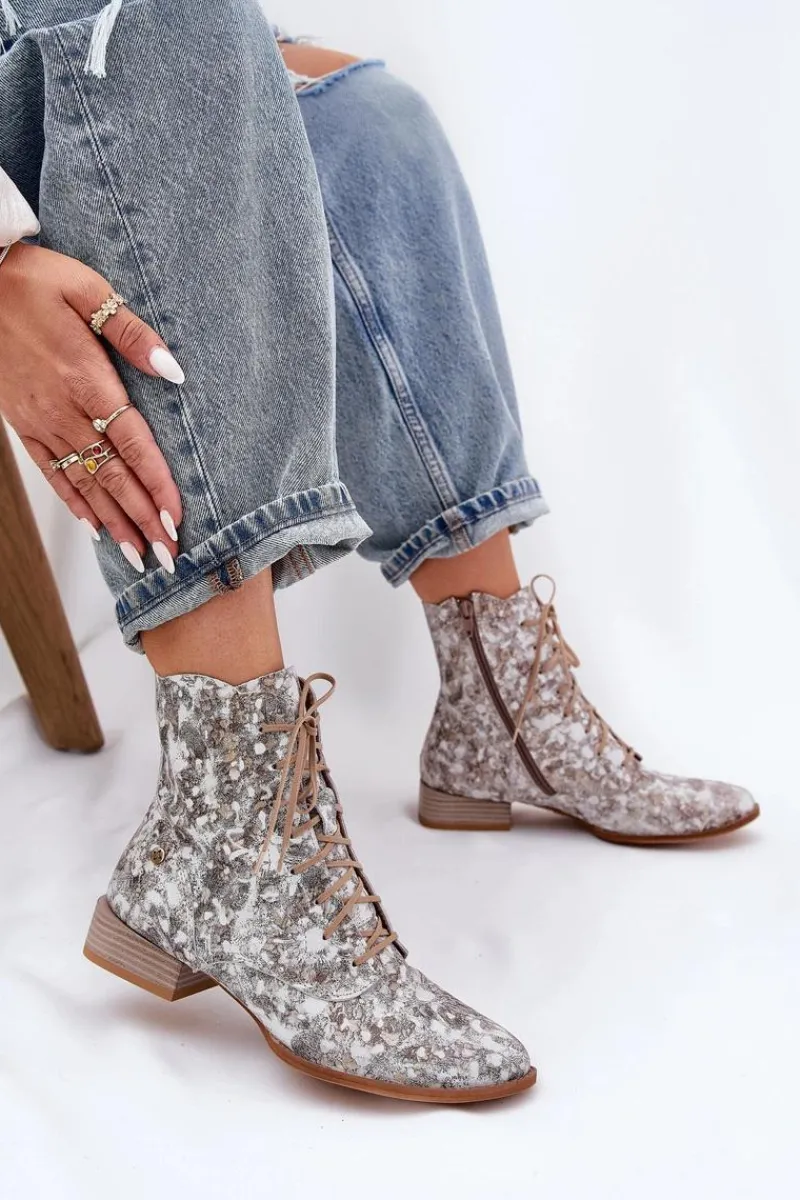 Botki Maciejka|Botki Skórzane>Maciejka Skórzane Wzorzyste Botki Na Płaskim Obcasie 06391-25 Beżowe Beżowy