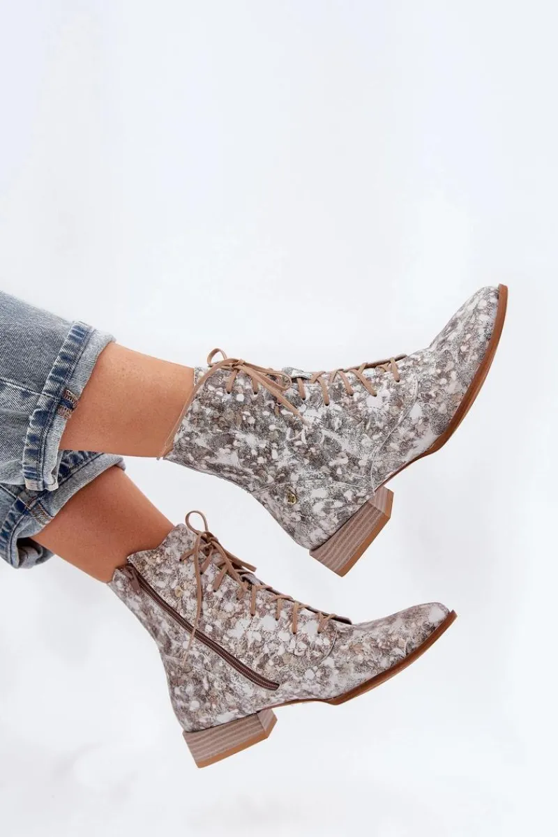 Botki Maciejka|Botki Skórzane>Maciejka Skórzane Wzorzyste Botki Na Płaskim Obcasie 06391-25 Beżowe Beżowy