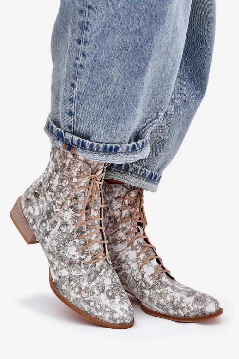 Botki Maciejka|Botki Skórzane>Maciejka Skórzane Wzorzyste Botki Na Płaskim Obcasie 06391-25 Beżowe Beżowy