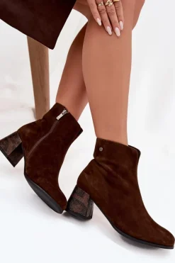 Best Maciejka Skórzane Zamszowe Botki Damskie Na Słupku K7202-02 Czekoladowe Brązowy