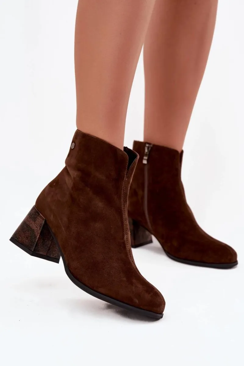 Best Maciejka Skórzane Zamszowe Botki Damskie Na Słupku K7202-02 Czekoladowe Brązowy