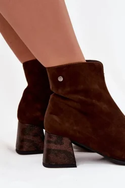 Best Maciejka Skórzane Zamszowe Botki Damskie Na Słupku K7202-02 Czekoladowe Brązowy