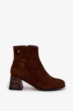 Best Maciejka Skórzane Zamszowe Botki Damskie Na Słupku K7202-02 Czekoladowe Brązowy
