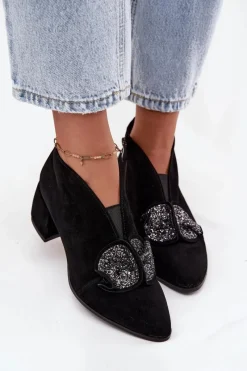 Botki Ocieplane|Botki Skórzane>D&A Skórzane Zamszowe Botki Damskie Na Obcasie Z Ozdobą MR52-182 Czarne
