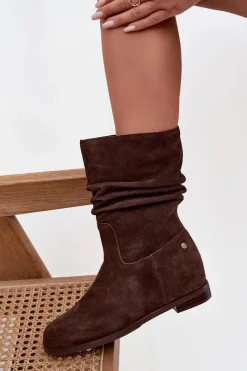 Botki Ocieplane|Botki Maciejka>Maciejka Skórzane Zamszowe Botki Damskie Z Marszczeniem Ocieplane K7211-02 Czekoladowe Brązowy