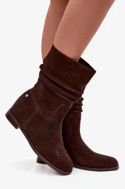 Botki Ocieplane|Botki Maciejka></noscript>Maciejka Skórzane Zamszowe Botki Damskie Z Marszczeniem Ocieplane K7211-02 Czekoladowe Brązowy