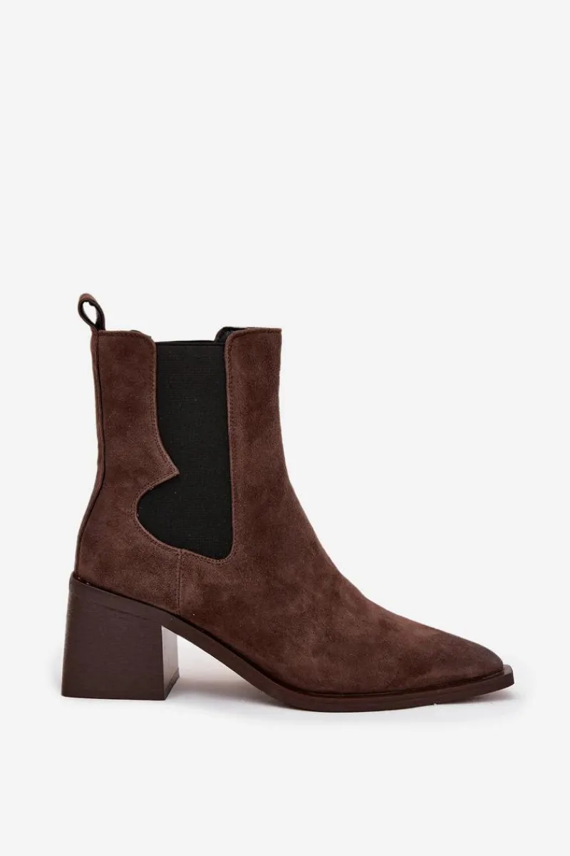 Clearance Skórzane Zamszowe Botki Damskie Na Słupku Ocieplane 57C0047 Brązowe Damskie Botki Ocieplane|Botki Skórzane