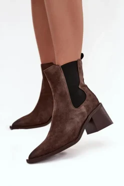 Clearance Skórzane Zamszowe Botki Damskie Na Słupku Ocieplane 57C0047 Brązowe Damskie Botki Ocieplane|Botki Skórzane