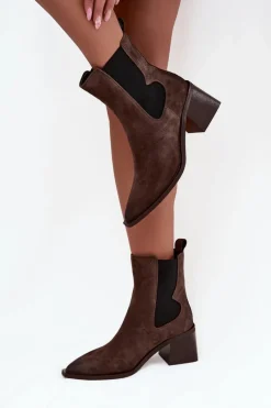 Clearance Skórzane Zamszowe Botki Damskie Na Słupku Ocieplane 57C0047 Brązowe Damskie Botki Ocieplane|Botki Skórzane