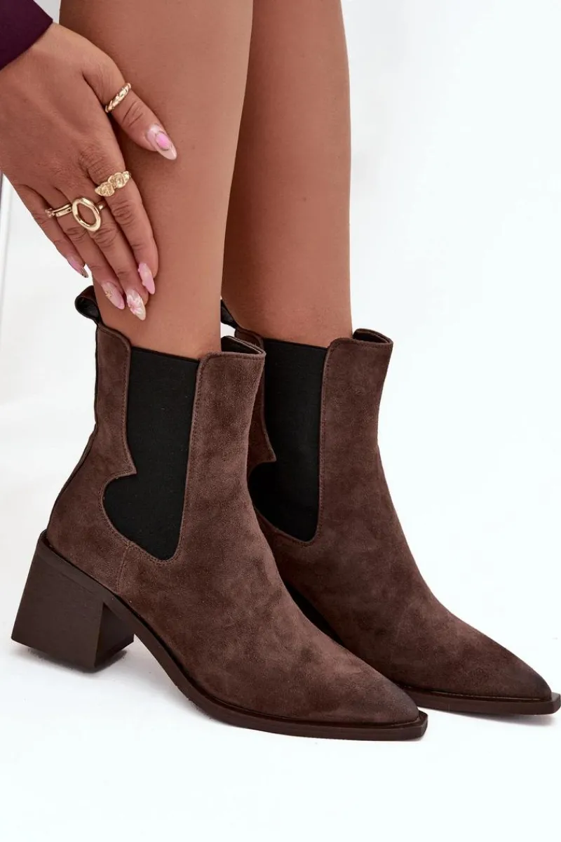 Clearance Skórzane Zamszowe Botki Damskie Na Słupku Ocieplane 57C0047 Brązowe Damskie Botki Ocieplane|Botki Skórzane