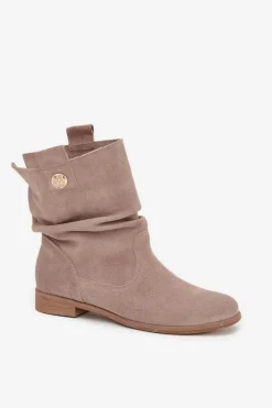 Sale Zazoo Skórzane Zamszowe Botki Damskie Z Marszczeniem Ocieplane 4210 Beżowe Beżowy