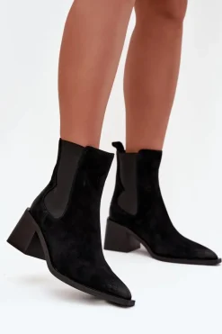 Botki Ocieplane|Botki Skórzane>Artiker Skórzane Zamszowe Botki Damskie Na Słupku Ocieplane 57C0049 Czarne Czarny