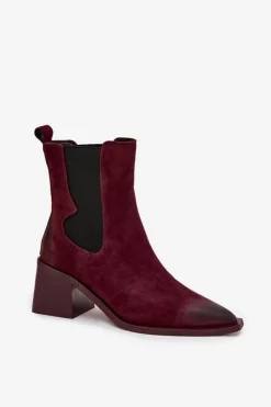 Hot Artiker Skórzane Zamszowe Botki Damskie Na Słupku Ocieplane 57C0048 Bordowe Czerwony