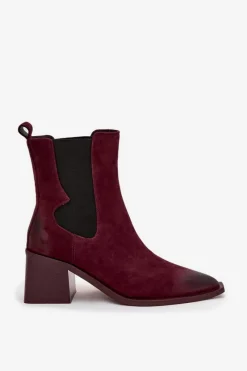 Hot Artiker Skórzane Zamszowe Botki Damskie Na Słupku Ocieplane 57C0048 Bordowe Czerwony