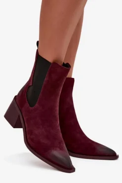 Hot Artiker Skórzane Zamszowe Botki Damskie Na Słupku Ocieplane 57C0048 Bordowe Czerwony