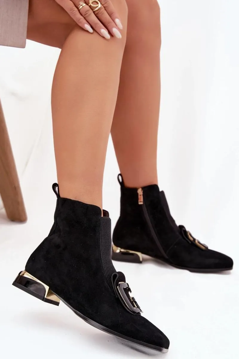 Hot D&A Skórzane Zamszowe Botki Damskie Na Niskim Obcasie Z Ozdobą MR52-217 Czarne Czarny